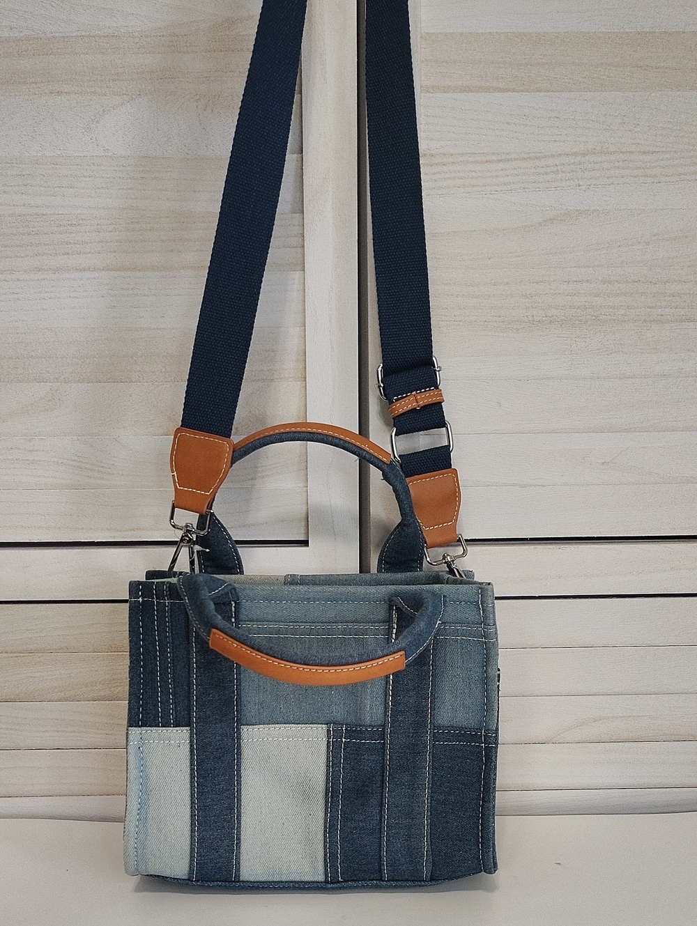 Denim Patchwork Crossbody Bag with Tan Trim